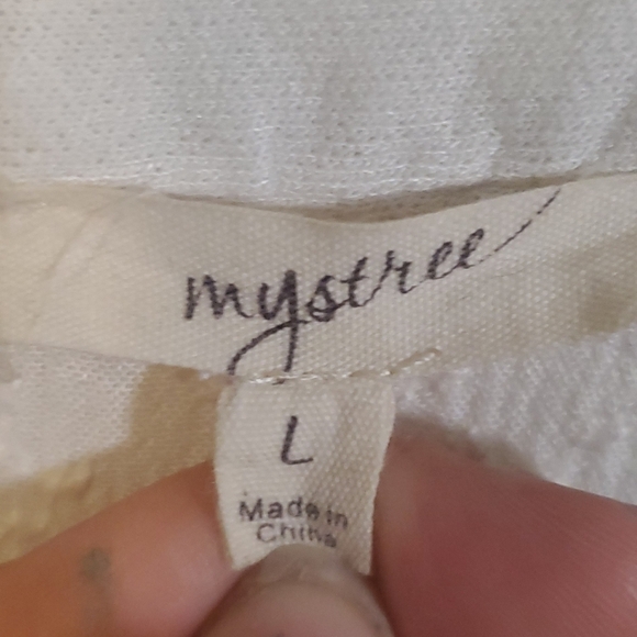 Mystree Size Large White Paisley Button Down Longsleeve with Shoulder Ruching - Picture 7 of 8